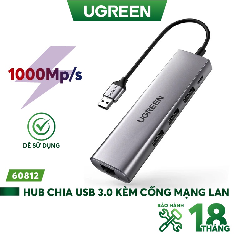 Bộ chia USB 3 cổng+Lan Cao Cấp Ugreen 60812 60719 CM266 (USB 3.0/Lan Gigabit 1000Mbps)