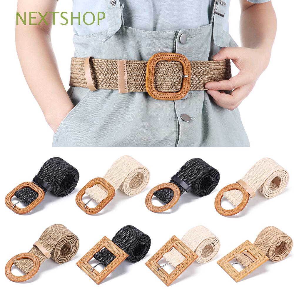 PP Straw Woven Wide Belt Dress Shirt Casual Elastic Wooden Buckle Jade Clasp Braided Strap