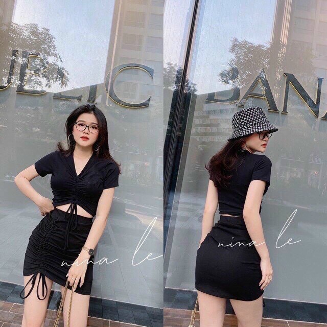 set thun bozip áo rút dây ngực chân váy rút bên xinh hot hit