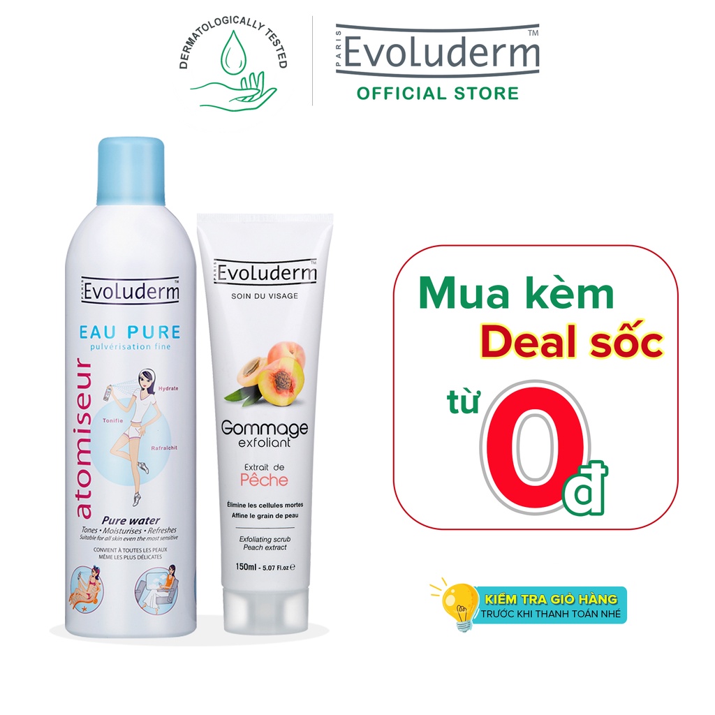 Bộ đôi Xịt khoáng cấp nước dưỡng ẩm cho da Evoluderm 400ml và Tẩy tế bào chết dành cho mặt tinh chất Đào 150ml