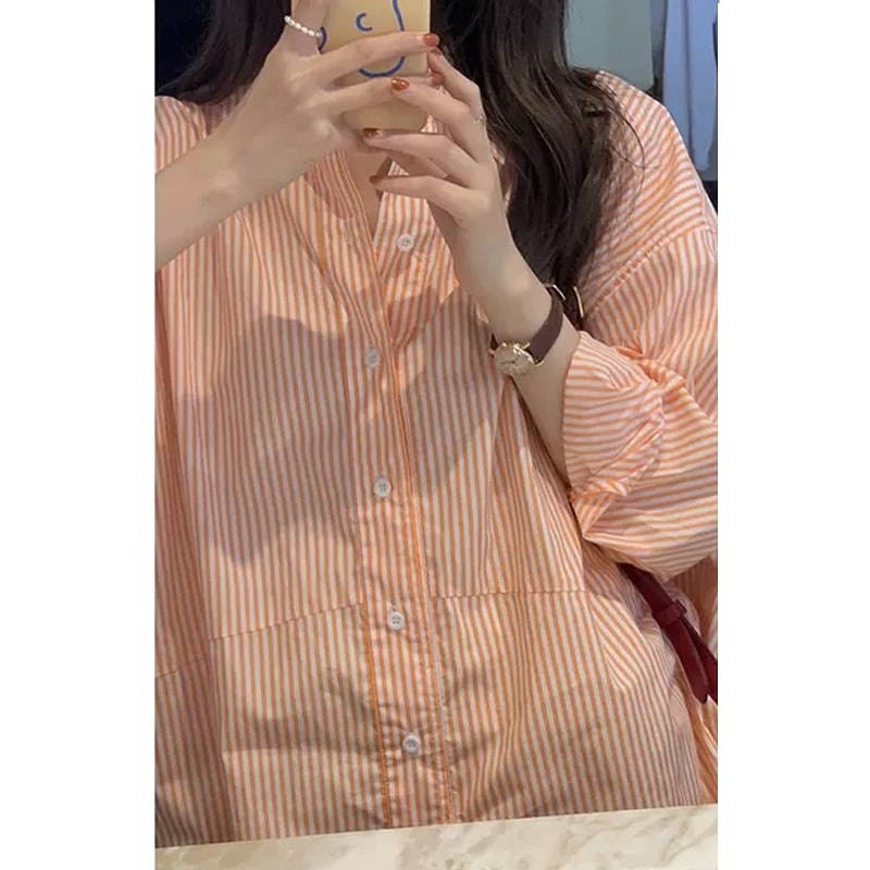 Áo sơ mi kẻ sọc màu cam hàng hot trend phong cách Hàn Quốc
