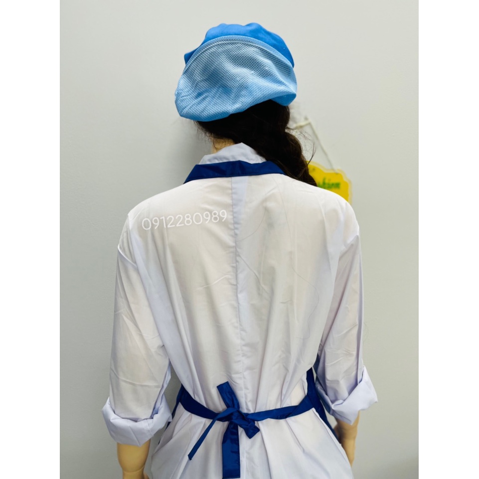 Tạp dề yếm chống thấm nước có túi màu xanh dương, tạp dề thủy sản _ Hình chụp thật