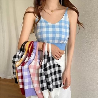 Áo hai dây len croptop caro dành cho nữ mùa hè A2S14