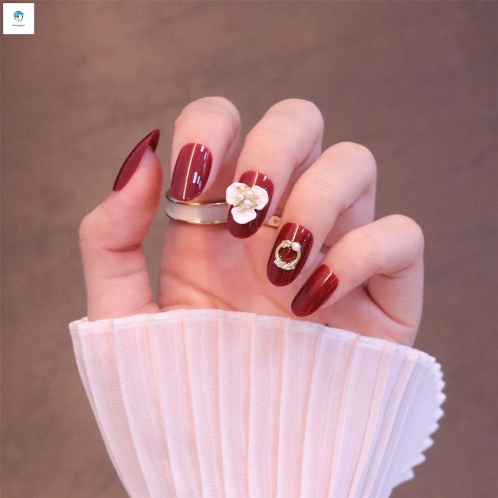 [Hàng mới về] Set 24 móng tay giả dáng ngắn họa tiết hoa màu đỏ hồng thời trang xinh xắn cho nữ