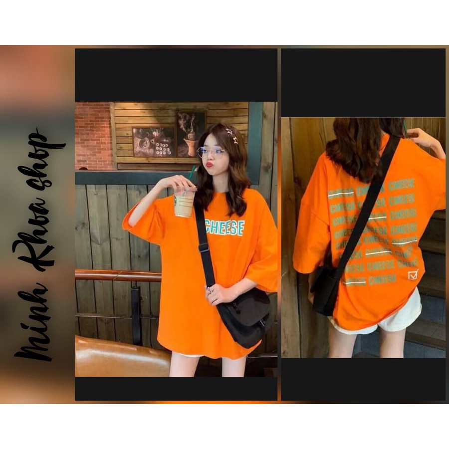 Áo thun in dòng chữ CHESSE màu cam in trước sau, áo thun nam nữ unisex freesize