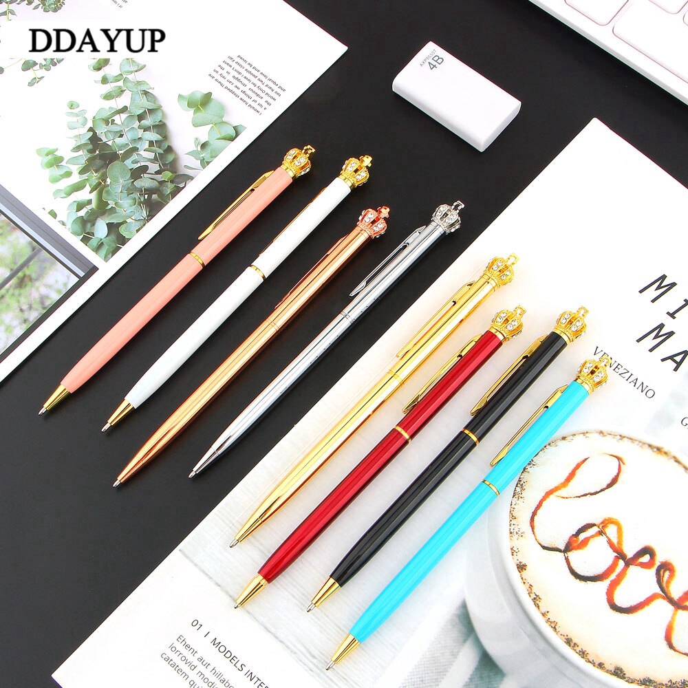 Bút bi ngòi 1.0mm phối hình vương miện màu vàng đính kim cương nhân tạo tiện dụng cho văn phòng/ trường học