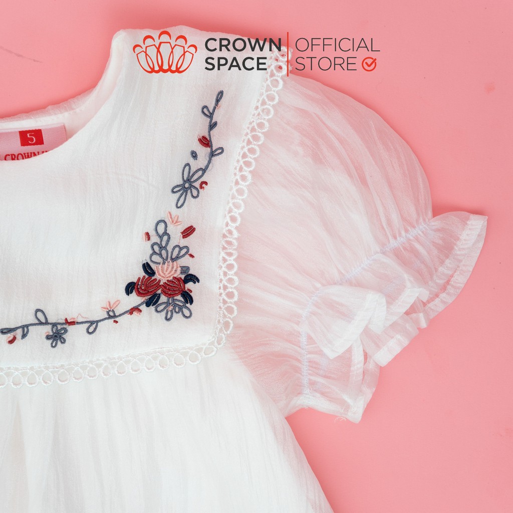 Váy Trắng Tay Ren Cho Bé Gái Chính Hãng Crown Kids Lót Cotton Thoáng Mát Size 4-10 CKGS2810905.W