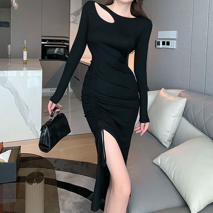 COZOK Đầm tay dài thiết kế xẻ tà phối dây rút độc đáo