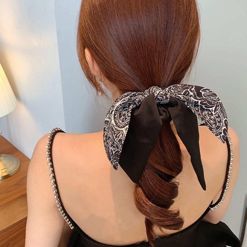Cột tóc scrunchies vải trơn bóng họa tiết cổ điển thắt nơ S01