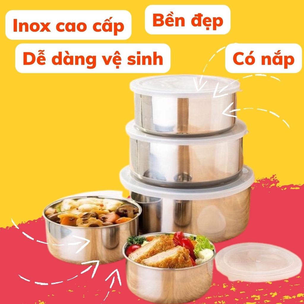 Bộ 5 hộp lạnh inox cao cấp có nắp nhựa dẻo - Bộ thố Inox, hộp đựng thực phẩm 5 chiếc có nắp đậy