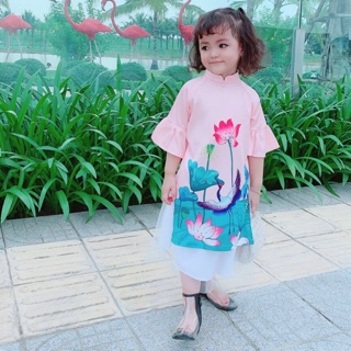 Áo dài cách tân hoa sen bé gái Màu hồng