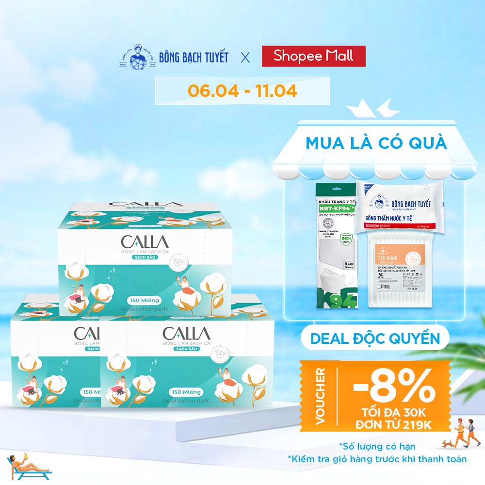 Combo 3 Hộp Bông tẩy trang làm sạch da Bông Bạch Tuyết Calla Sạch Sâu (150 miếng/hộp)
