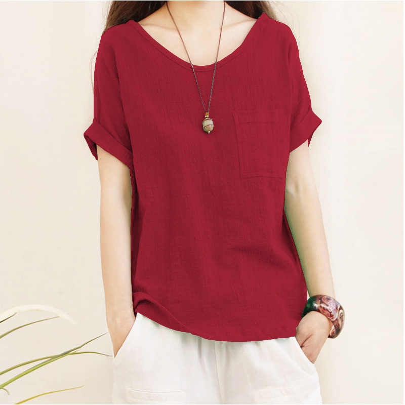 Áo Sơ Mi Nữ Vải Lanh Cotton Dáng Rộng Tay Ngắn Cổ Tròn Màu Trơn Cỡ Lớn 5XL Thời Trang Mùa Hè