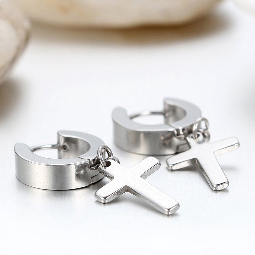 Đôi bông tai thời trang hình tròn phối mặt Thánh giá bằng thép không gỉ cho nam và nữ