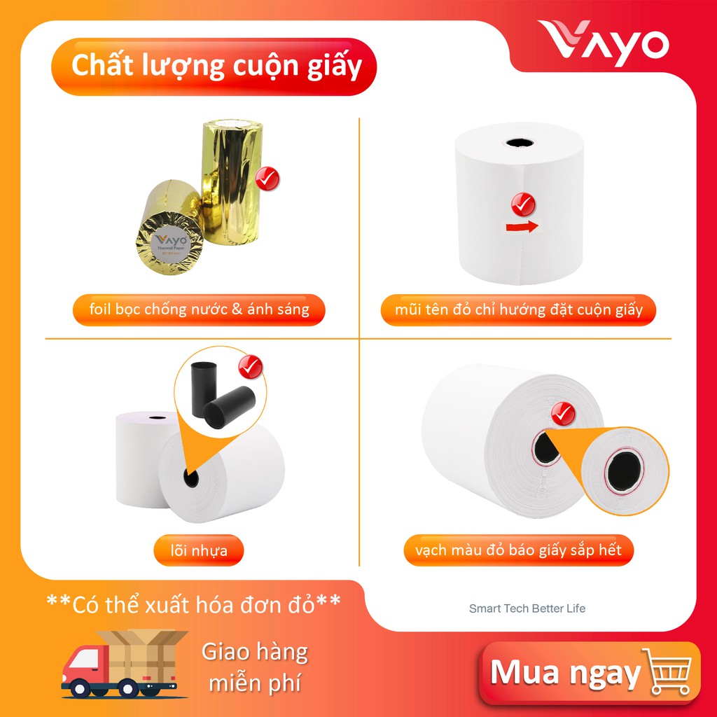 [LỐC 2 CUỘN] Giấy in bill K80 Xx80mm, giấy in nhiệt VAYO chất tốt, 65gsm, bán chạy số #1 Thái Lan