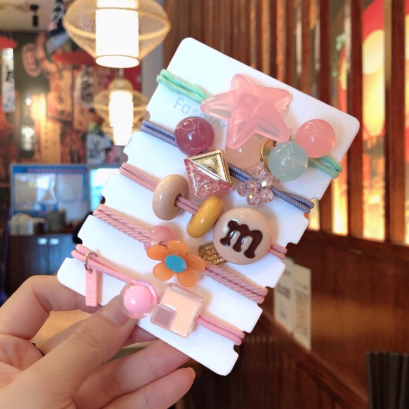 Set 5 Dây Cột Tóc Họa Tiết Hoạt Hình Màu Sắc Ngọt Ngào Phong Cách Hàn Quốc Cho Nữ