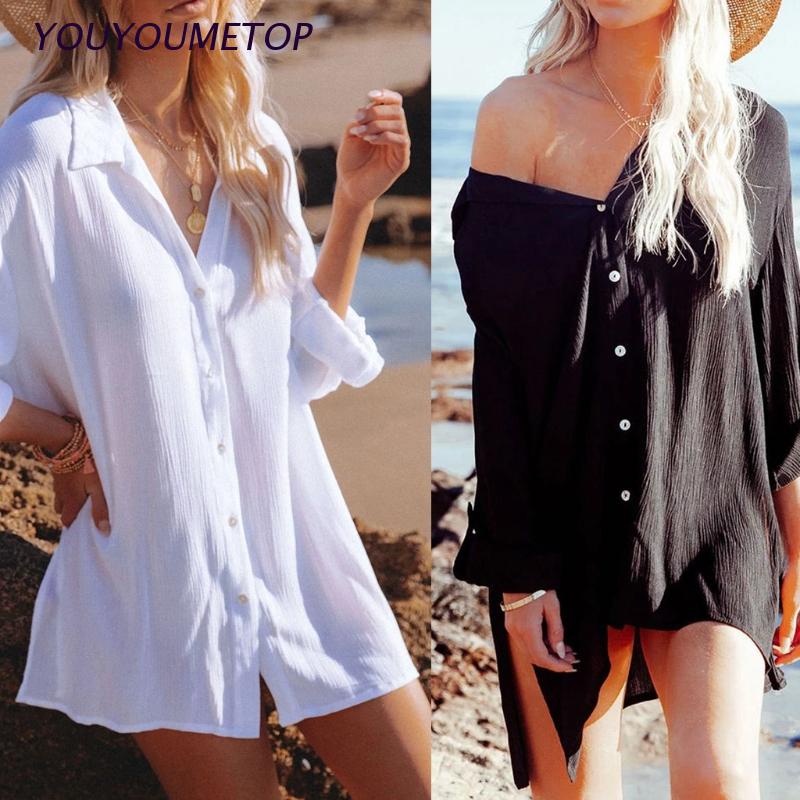 Youyo Áo Khoác Ngoài Bikini Đi Biển Tay Dài Cài Nút Xẻ Tà Hai Bên Có Thể Cuộn Lại Dành Cho Bạn Nữ
