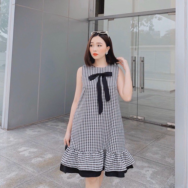 Đầm váy freesize caro nơ đen