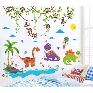 Decal dán tường khỉ đu dây ghép khủng long cực xinh
