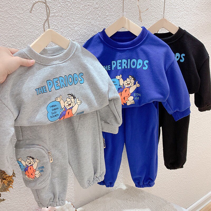 Bộ quần áo thu đông gồm áo phông nỉ dài tay PERIODS họa tiết hoạt hình và quần dài jogger túi hộp cho bé trai 8-20 kg