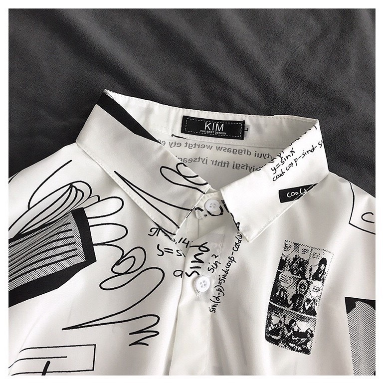 Áo sơ mi in hình học cổ bẻ tay lỡ unisex phom thụng ulzzang