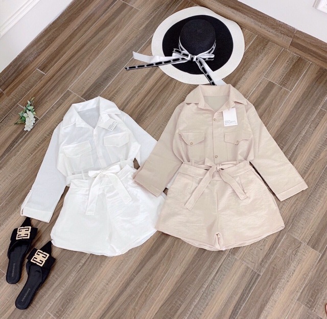 Sét bộ đùi sơ mi áo fom dài phối túi cột đai lưng