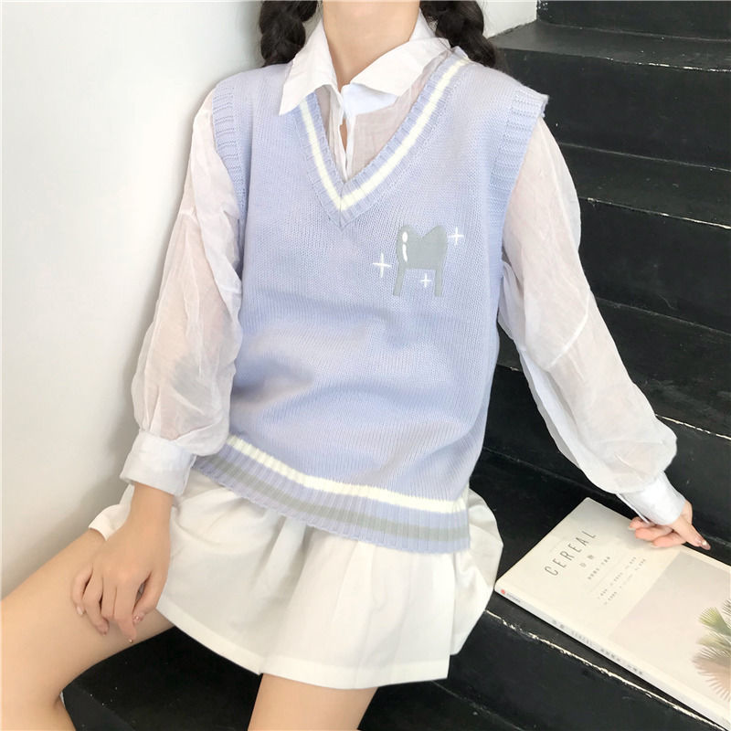 Áo Sweater Dệt Kim Không Tay Cổ Chữ V Thêu Hoạ Tiết Hoạt Hình Cho Sinh Viên