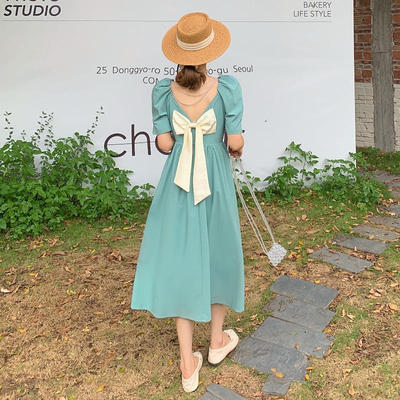 Đầm Dài Tay Phồng Cổ Vuông Hở Lưng Thắt Nơ Phong Cách Pháp Thanh Lịch Thời Trang Mùa Hè 2022 Mới Dành Cho Bạn Nữ