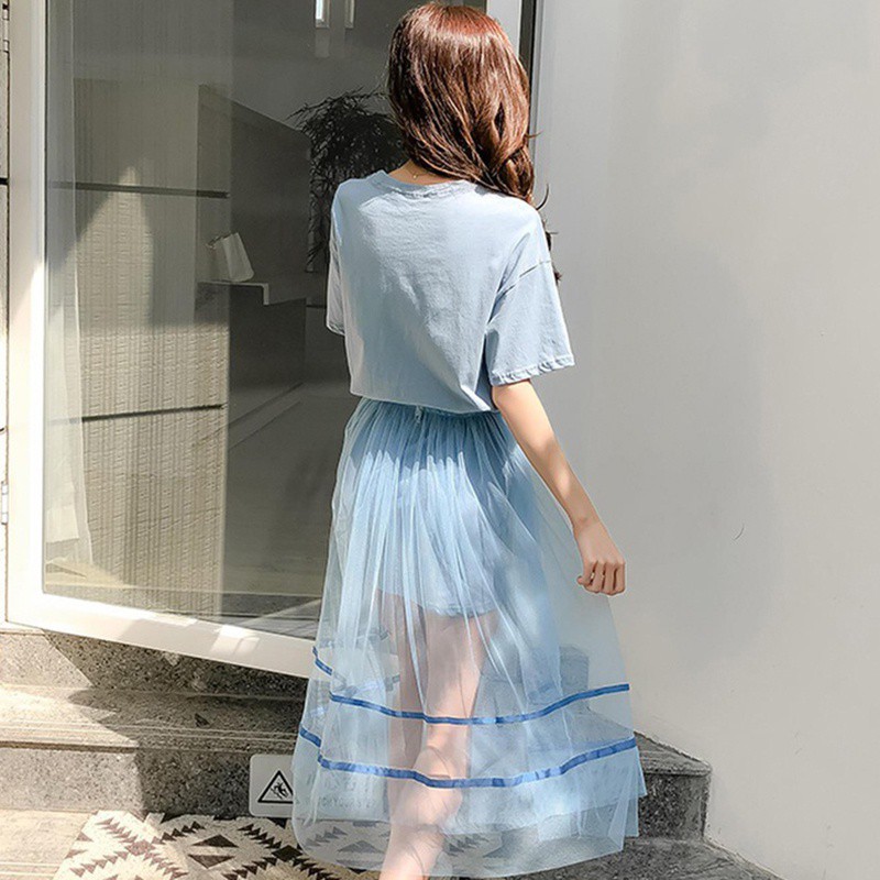 Set đầm thun suông tay ngắn in hình và chân váy lưới trẻ trung và duyên dáng cho nữ | BigBuy360 - bigbuy360.vn