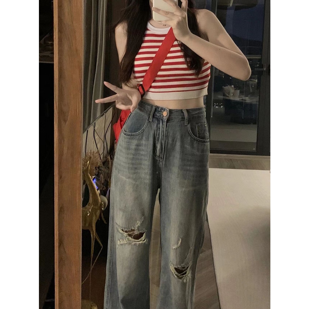 Ice girl Áo Croptop Dệt Kim Ôm Dáng Hở Rốn Họa Tiết Sọc Đỏ Nhỏ Mặc Bên Ngoài Cho Nữ