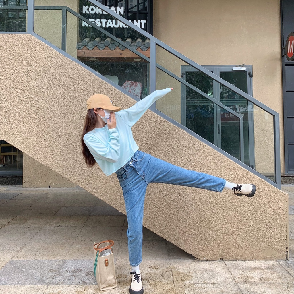 Quần Jeans Nữ Lưng Cao Dáng Baggy Fit Form Lửng 9 Tấc Màu  Xanh LDM-102D