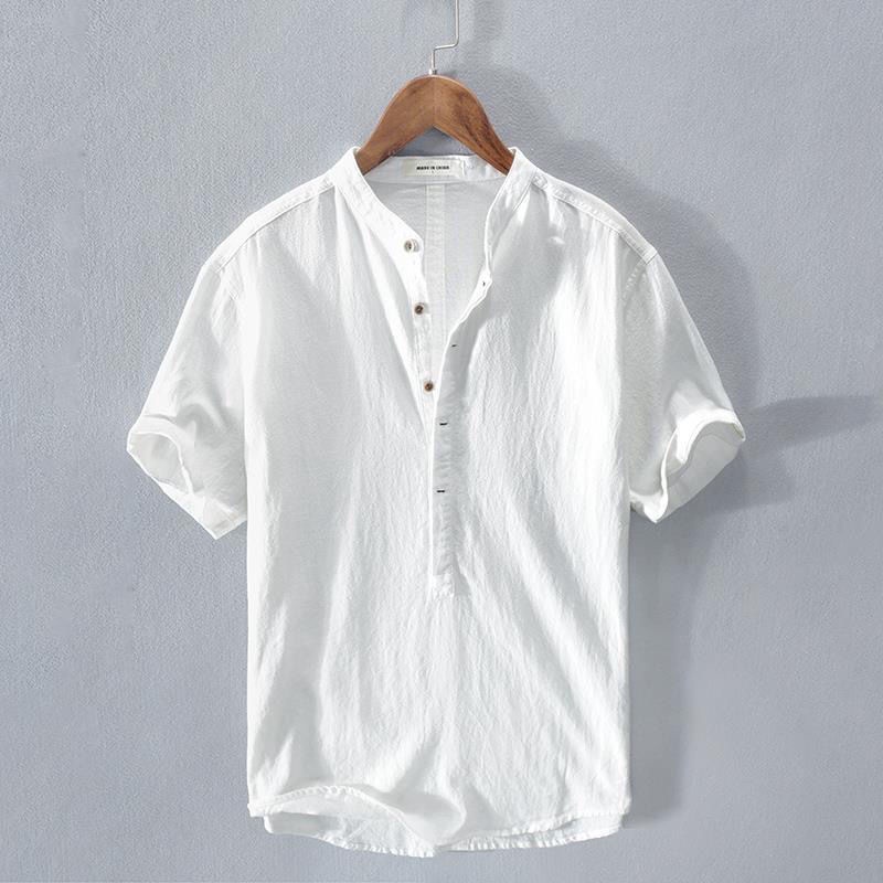 Áo Thun Cotton Lanh Mỏng Cổ Tròn Ngắn Tay Phối Nút Nửa Phong Cách Trung Hoa Thời Trang Mùa Hè Dành Cho Nam