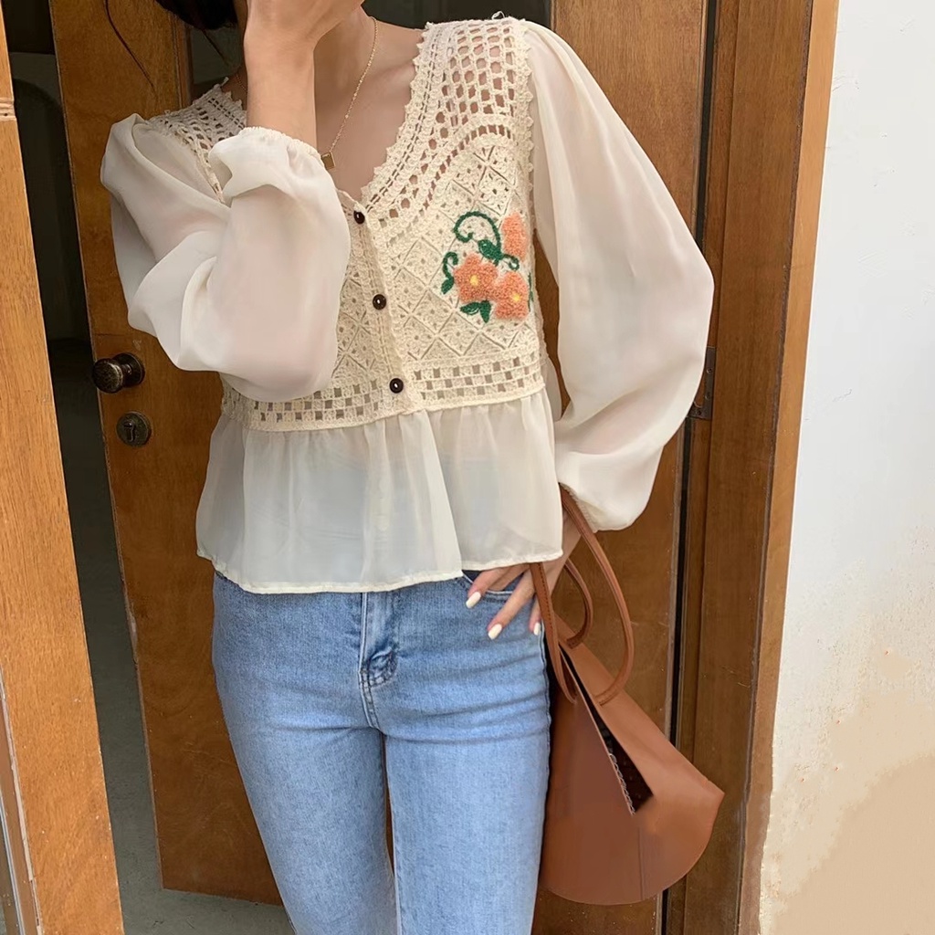 SUXI Áo Sơ Mi Nữ Tay Dài Thêu Hoa Phong Cách Hàn Quốc