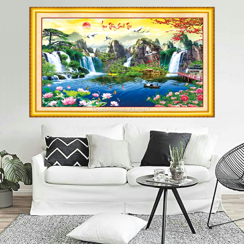 Tranh thêu chữ thập phong cảnh lưu thủy sinh tài KT:100x55cm,132x70cm. Tặng kéo và sỏ chỉ.