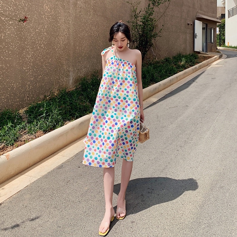 Đầm đi biển Quảng Châu ❤️FREESHIP❤️ Váy chéo cổ chấm bi