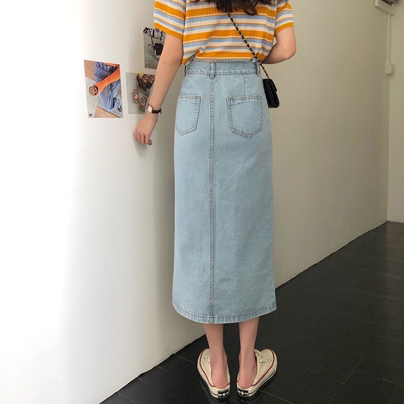 [SẴN - BIG SIZE] Chân váy denim XẺ TÀ cạp cao retro hai màu. Ảnh thật chính chủ cuối hình