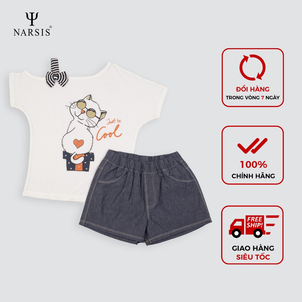 Bộ đồ hè bé gái Narsis KM1008 quần bò tím than ghi áo cotton trắng