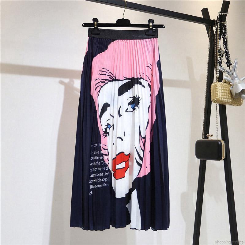 colorbobღWomen New Elastic Waist Cartoon Print Pleated Skirt