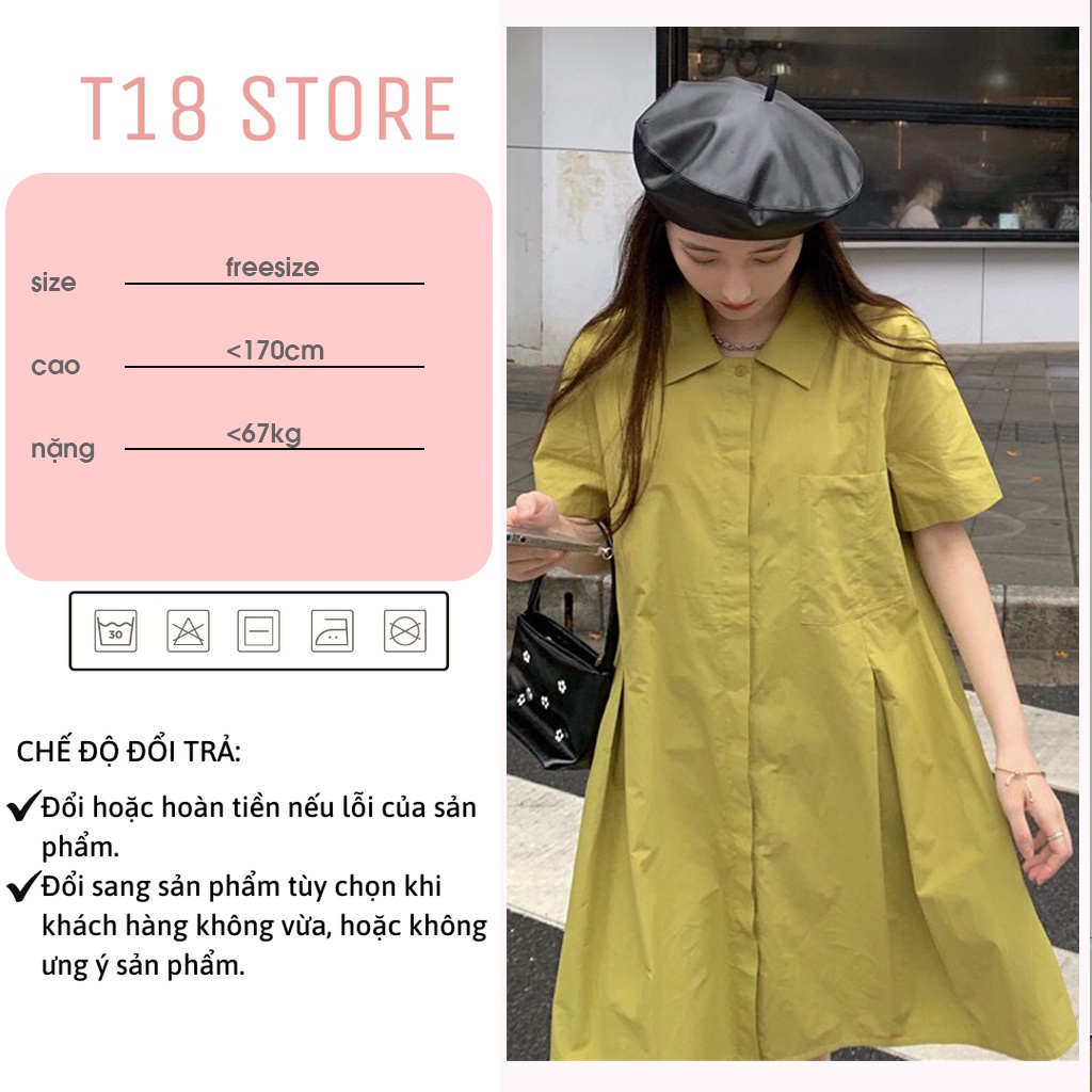 Đầm polo cổ sơ mi có túi ngực xếp ly eo cộc tay ulzzang T18 V16