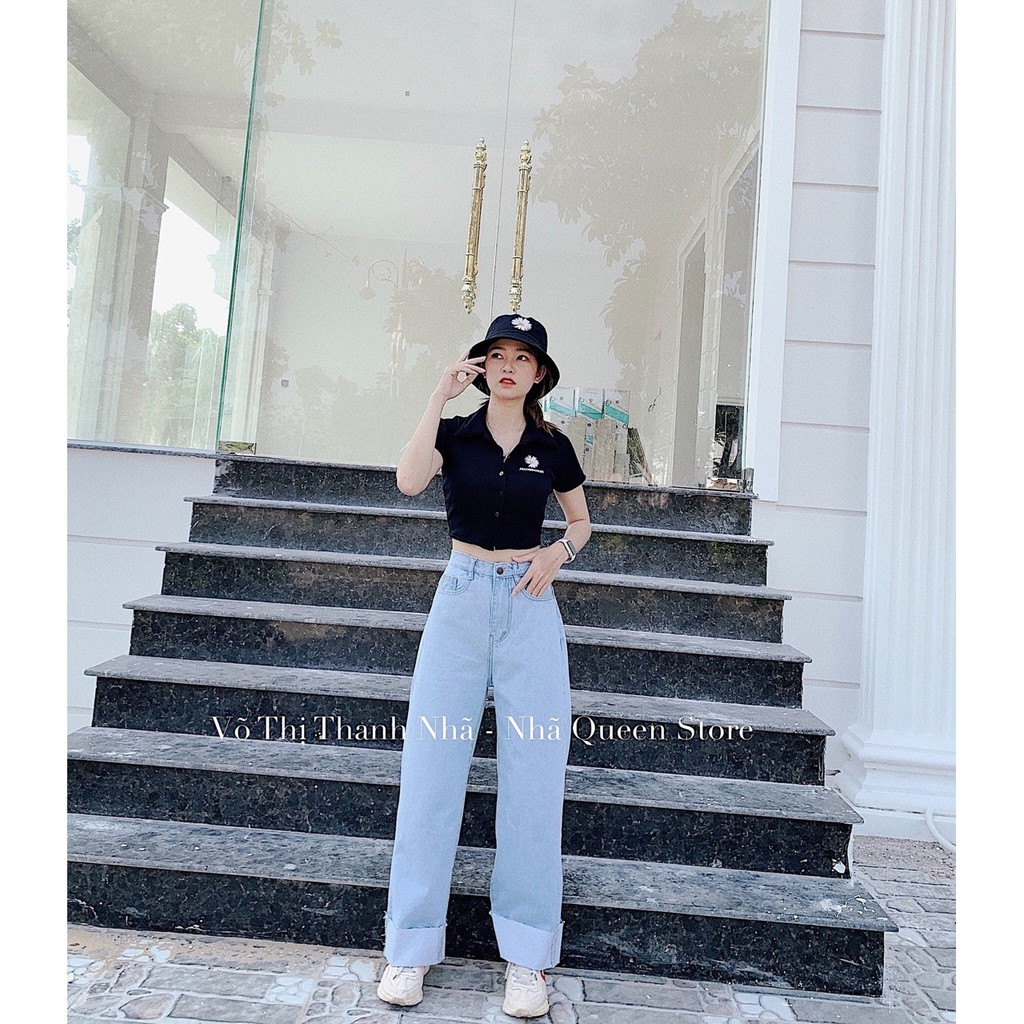 Áo thun gân có cổ croptop in thêu hoa cúc trước ngực cá tính TTSA0067