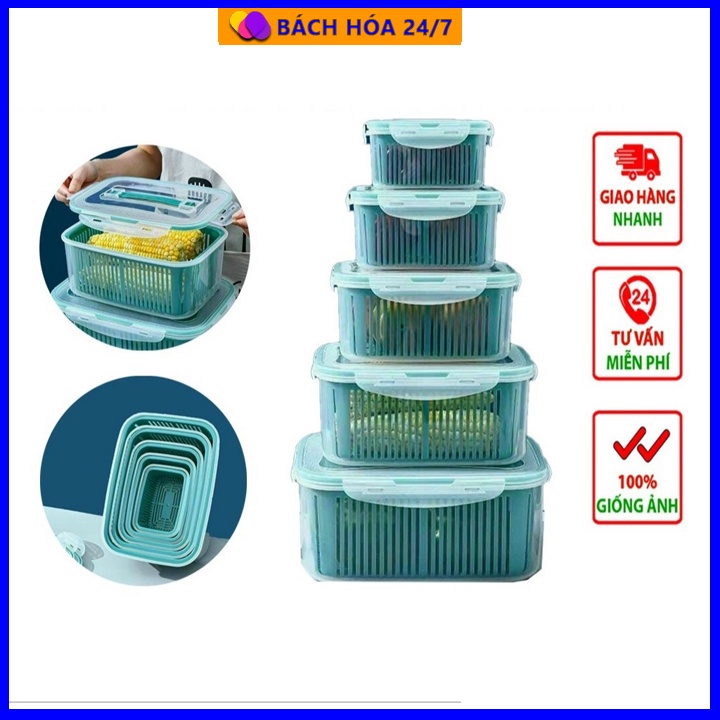 SÉT 5 HỘP ĐỰNG ĐỒ TỦ LẠNH ĐA NĂNG 2 LỚP CAO CẤP CÓ NẮP ĐẠY ĐỰNG THỰC PHẨM