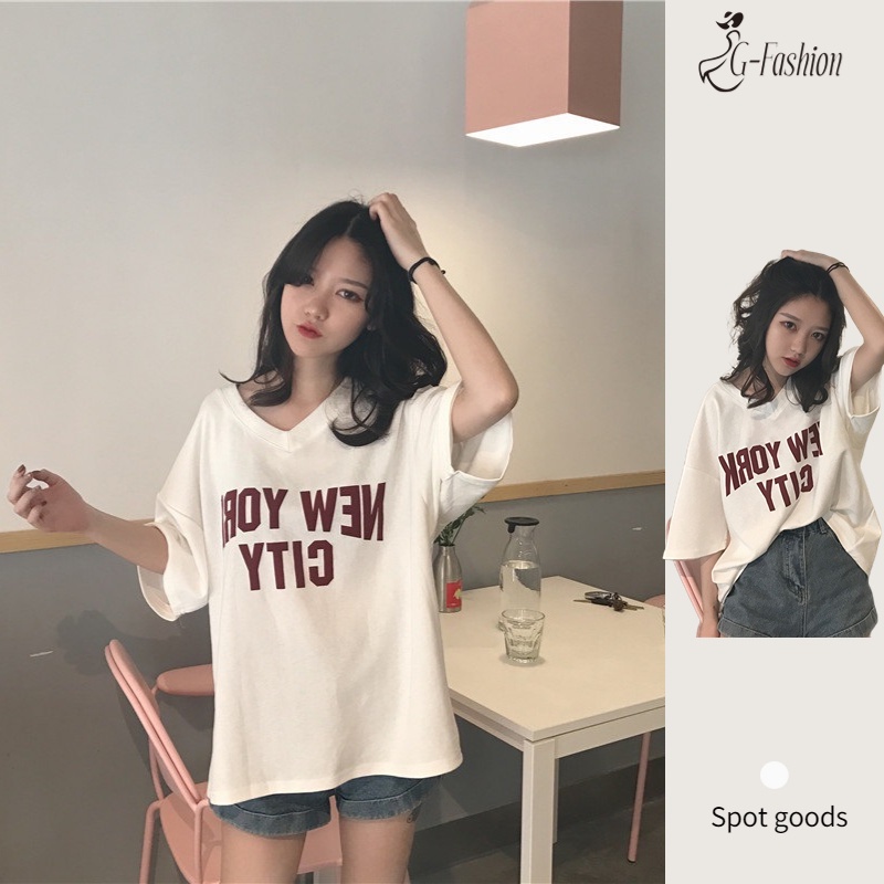 Áo Thun Form rộng Tay Ngắn Cổ Chữ V In Chữ Thời Trang Mùa Hè Mới 2022