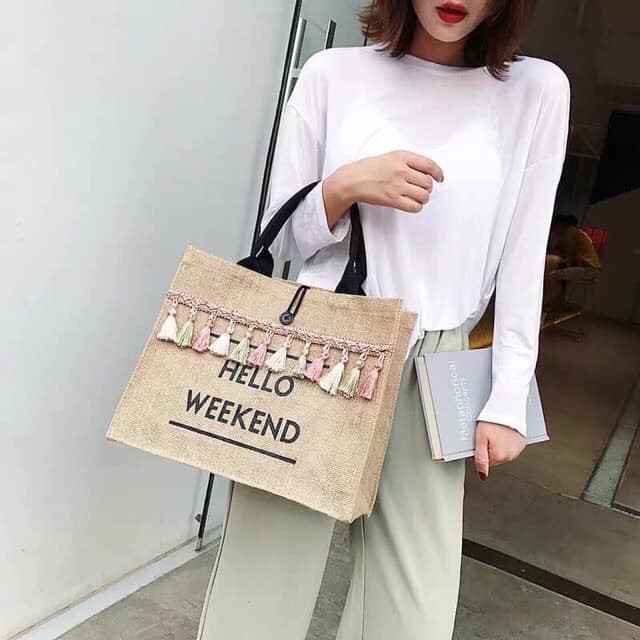 Túi cói hello weekend tua rua siêu đẹp, túi cói đi biển, túi du lịch