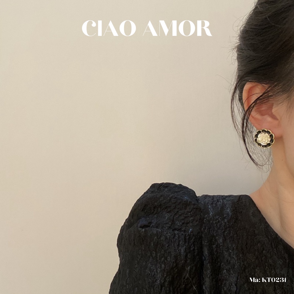 KT0231-Khuyên tai nữ, Hoa tai bạc 925 hoa hồng trắng viền đen Trang sức Ciao Amor