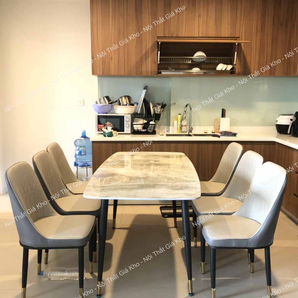Bộ bàn ăn mặt đá ceramic bóng kết hợp ghế monet không tay