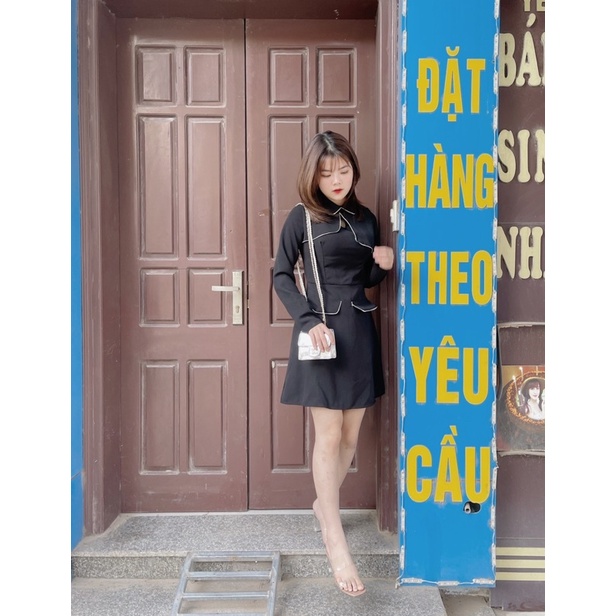 Váy Đen Pha Viền Khoét Ngực Vạt Vai Nắp Túi
