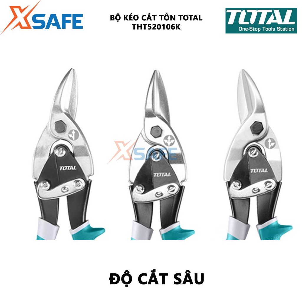 Bộ 3 kéo cắt tôn TOTAL THT520106K Bộ kéo mũi nhọn Chiều dài 250mm (10'') thép Carbon,không gỉ, tay bọc cao su cắt tôn