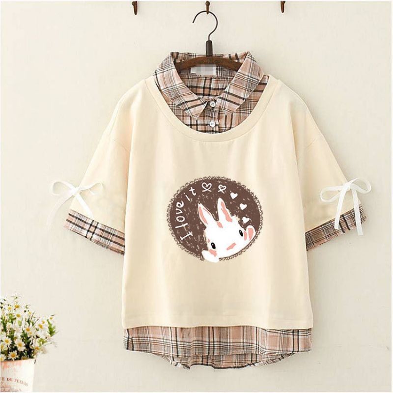(ORDER) Áo kiểu phối sơ mi kẻ sọc caro thắt nơ xinh xắn phong cách Mori Style Nhật Bản 2 màu có size