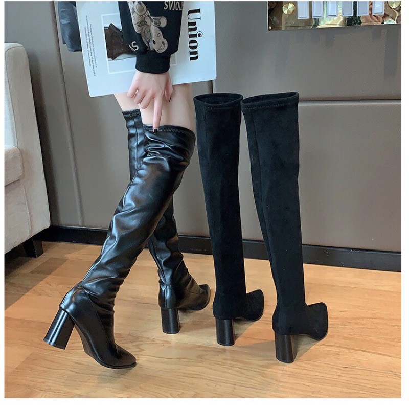 Boots đùi nữ Ulzzang mũi nhọn da lộn gót cao 7cm