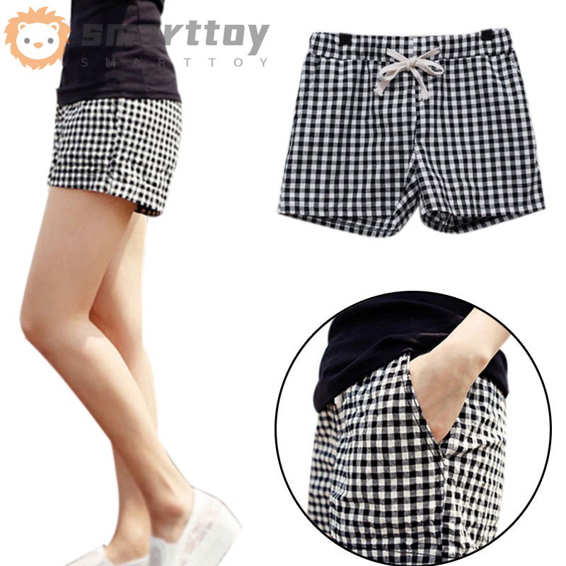 Fashion Women Plaid Shorts Casual Loose Elastic Waist All-Match Summer Cotton Short Pants Plus Size 4XL